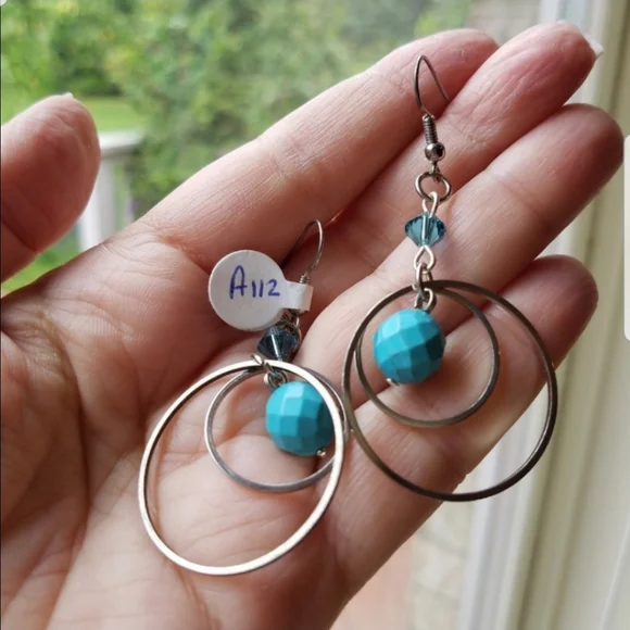 Swarovski Elements Turquoise Blue Silver Tone Circle Earrings NWT - Picture 5 of 8